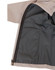A performance jacket featuring a beige exterior and a dark interior lining with zippered pockets. It has a logo.