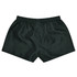 A pair of dark green rugby shorts with an elastic waistband and a smooth finish. 