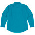 A turquoise long sleeve button-up shirt with a back yoke and two back pleats. Features a logo.