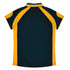 A dark green and gold polo shirt, featuring a sporty design with short sleeves and a collar. It includes branding.