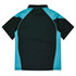 A polo shirt in black with teal accents, featuring a logo on the front. Suitable for casual or promotional wear.