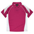A maroon polo shirt with white accents and a collar. The garment features a logo.