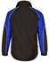 A unisex jacket featuring a black body with blue panels and a logo on the back.