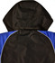 A unisex jacket in black with blue accents and a hood, featuring a logo on the back.