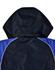 A unisex jacket in navy blue with a hood, featuring contrasting blue side panels and a logo.
