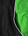 A unisex jacket features a black exterior with green interior detailing and white piping. It has a logo on the fabric.