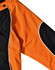 A unisex jacket featuring an orange and black design with white piping, complete with a logo.