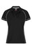A black polo shirt with a fitted design and white piping along the seams. Features a logo on the collar.