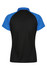 A black polo shirt with blue sleeves and a collar, featuring a logo on the back.