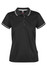 A black polo shirt with a collar and contrasting white stripes, featuring a logo and buttons down the front.