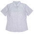 A short-sleeve button-up shirt in a light blue and white striped pattern with a collar and a logo.