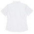 A short-sleeved, button-up ladies' shirt in a light grey and white striped pattern. The shirt features a collar and has a logo.