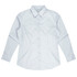 A light blue long sleeve button-up shirt with a collar and a branded logo.