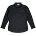 A long sleeve, button-up shirt in black, featuring a classic collar and a logo on the label.
