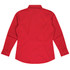 A long sleeve button-up shirt in vibrant red with a back view and a collar. Features buttons on the cuffs and a brand logo.