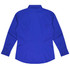 A long sleeve button-up shirt in bright blue, featuring a smooth fabric and a branded logo.