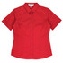 A red short-sleeve button-up shirt with a fitted design, featuring a collar and a logo.