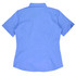 A short-sleeve button-up shirt in light blue with a fitted design and a collar, featuring a logo on the back.