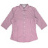 A button-up shirt featuring a burgundy and white check pattern with 3/4 sleeves. It has a collar and a branded label.