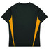 A dark green t-shirt with yellow side panels and a logo. Suitable for casual wear.