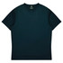 A dark green t-shirt featuring a round neckline and short sleeves, with a logo on the inside.