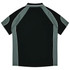 A black and dark grey polo shirt with contrasting white piping, featuring a logo on the front.