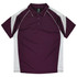 A maroon polo shirt with white side panels and a collar, featuring a logo on the neck.