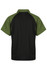 A polo shirt featuring a black body with green shoulder panels, designed for kids. Includes a logo.