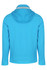 A blue jacket with a hood and long sleeves, featuring a simple design and a branded logo.