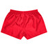 Red sports shorts with an elastic waistband, featuring a logo on the back. Suitable for kids’ rugby.