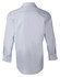 A light blue long-sleeve button-up shirt with a back view and a logo on the collar.