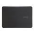 A black wireless charger and mouse pad with a logo, featuring a smooth surface and a simple design.