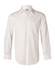 A white long-sleeve button-up shirt featuring a self-stripe pattern and a chest pocket, with a logo.