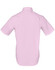 A short-sleeved, button-up shirt in light pink, featuring a smooth back design and a logo.