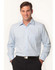 A light blue men's long sleeve button-up shirt with a mini herringbone pattern, featuring a logo on the chest.