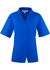 A blue short sleeve button-up shirt with a collar and a logo on the chest.