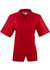 A red short sleeve button-up shirt with a collar and a logo on the label.
