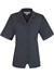 A short-sleeve button-up shirt in dark grey with a collar and a front button placket, featuring a logo.