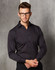 A men's long sleeve button-up shirt with a black and dark striped pattern. It features a collar and a logo.