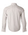 A men's long-sleeve button-up shirt with a grey and white ticking stripe pattern and a logo on the back.