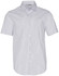 A short-sleeved button-up shirt featuring a blue and white ticking stripe pattern. Includes a small logo on the chest.
