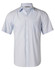 Men's short-sleeve button-up shirt in light blue with fine stripes and a single chest pocket. Features a logo on the collar.