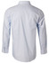 A light blue long sleeve button-up shirt with fine stripes and a back view, featuring a logo on the label.