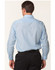 A men's long sleeve shirt in light blue with a pin stripe pattern, featuring a back view and a collar.
