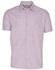 A button-up shirt with short sleeves featuring red and white stripes, complete with a pocket and a logo.