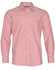A long sleeve button-up shirt featuring red and white stripes, with a collar and button closure, and a logo on the label.