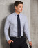 A men's long sleeve button-up shirt featuring navy and white sateen stripes, complemented by a dark tie and belt.