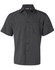 A short sleeve men's shirt in dark grey, featuring a collar and front buttons, with a logo on the label.