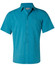 A short sleeve shirt in teal with a button-up front and a subtle textured pattern, featuring a logo on the chest.