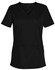 A black solid colour short-sleeve scrub top with a V-neck and two front pockets, featuring a logo.